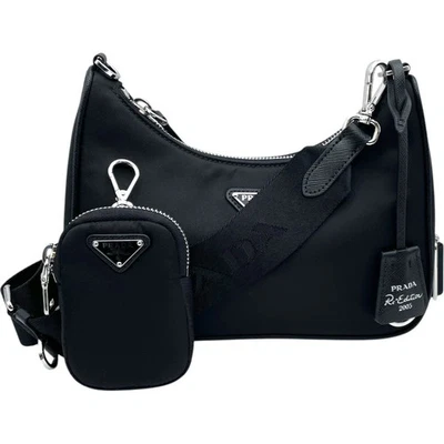 PRADA повторное издание 1BH204 наплечная сумка нейлона черный серебро оборудование #OK2832 - Изображение 1 из 4