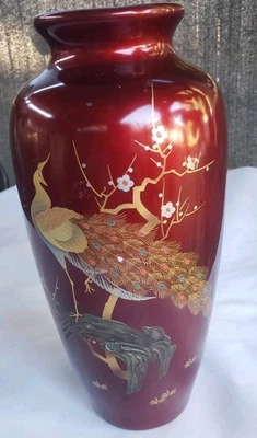 Hermoso jarrón japonés AIZU ROJO LACADO dorado pavo real Foto 1 de 4