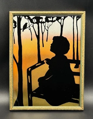 Silhueta vintage pôr do sol arte impressão criança em cerca flocada estilo veludo preto - Imagem 1 de 4