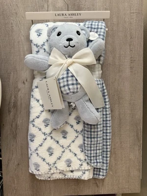 Laura Ashley Plush Baby Blanket Toy Set Blue Gingham Kate Bear Lovey - Image 1 of 4