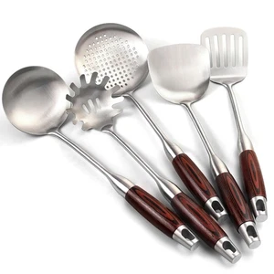 Stainless Steel Cooking Utensils Set with Wooden Handle, 5 Pcs 15” Long Cooki... - Picture 1 of 9