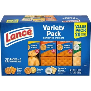 Lance Sandwich Crackers, Variety Pack, 3 Flavors, 20 Individually Wrapped Packs, - Picture 1 of 4