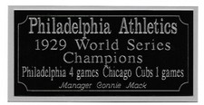 1929 Philadelphia Athletics World Series Champions engraving, nameplate