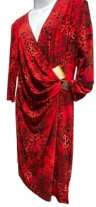 Anne Klein Wrap Dress Womens 14 Animal Leopard Print Red Black Knee V Neck - Picture 1 of 12