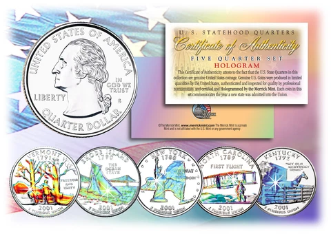 2001 US Statehood Quarters HOLOGRAM *** 5-Coin Complete Set *** w/Capsules & COA Cover