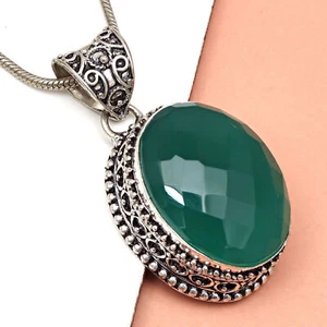 Green Onyx Gemstone Mother's Day Handmade Silver Jewelry Pendant 1.75" - Picture 1 of 11