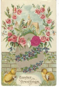 EASTER GREETINGS POSTCARD Chicks,  Roses Arch, Wall  Embossed - Picture 1 of 2