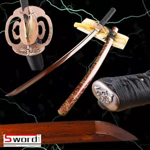 Japanisches Samurai Schwert blutig rot scharf Damast gefaltete Stahlklinge Bambus Tsuba - Bild 1 von 12