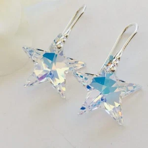 925 Sterling Silver Star Earrings 20mm Aurora AB Made With Austrian Crystals - Picture 1 of 9