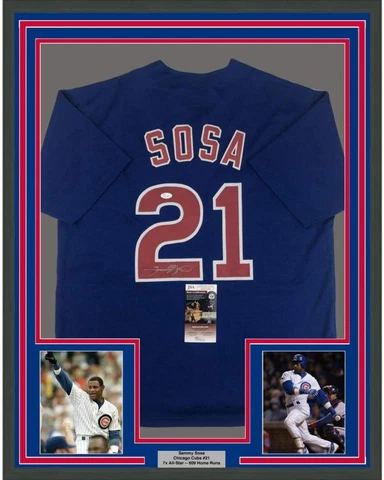 Framed Autographed/Signed Sammy Sosa 33x42 Chicago Blue Baseball Jersey JSA COA Cover