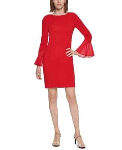 Calvin Klein Womens Chiffon-Trim Sheath Dr Red 2 - Picture 1 of 3