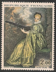 Francia #1362 (A607) En muy buen estado sin montar o nunca montada - 1973 2 fr Dama Jugando Archute, por Antoine Watteau - Imagen 1 de 1