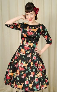 Hell Bunny Vixen XS Dress Black Floral Deer Fox Squirrel Rabbit Rockabilly Pinup - Picture 1 of 7
