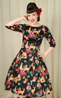 Hell Bunny Vixen XS Dress Black Floral Deer Fox Squirrel Rabbit Rockabilly Pinup - Image 1 of 4