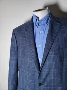 Ralph Lauren 46L Blue On Blac Silk Wool Windowpane 4-SEASON Tweed Blazer Jacket - Picture 1 of 9