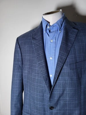 Ralph Lauren 46L Blue On Blac Silk Wool Windowpane 4-SEASON Tweed Blazer Jacket - Image 1 of 4