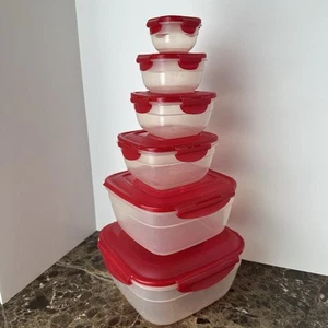 LOCK & LOCK Food Storage 6 Container Set Red Clear 12 Pieces Square Stack Handle - Picture 1 of 13