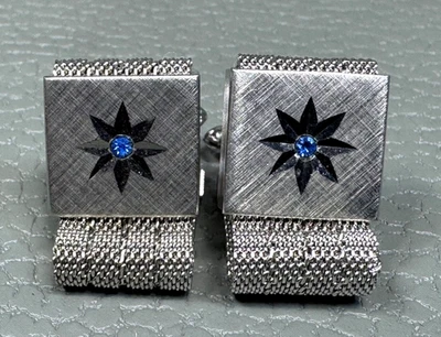 Gemelos envolventes vintage de piedra azul chapados en oro blanco Foto 1 de 3