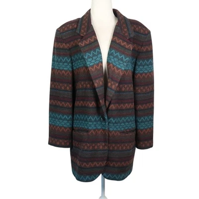 Vintage 80s Casablanca Brown Blue Geometric Print Wool Blazer Jacket 10 - Image 1 of 4