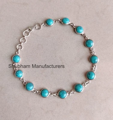 Genuine Turquoise Stone Bracelet 925 Pure Silver Handmade Jewelry Gift For Wife - Image 1 of 4
