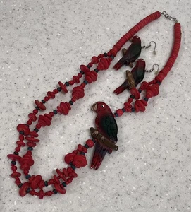 Collar y Pendientes PARROT De Colección Figura Madera Pintada Cuentas Filipinas **LEER** - Imagen 1 de 7