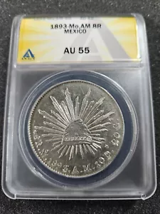 ๐ 1893-Mo AM Mexico Cap & Rays Silver 8 Reales Mexican Coin ANACS AU55 - Picture 1 of 2