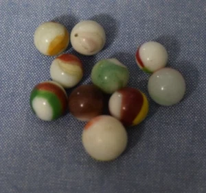 Vintage Lot of 10 White Milk Glass Multi-Color Swirl Marbles 16 mm - .6 in. C131 - Picture 1 of 3
