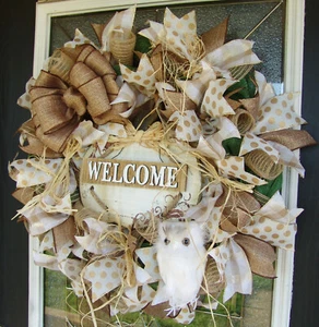Baby Owl Fall Wreath, Welcome Rustic Pumpkin, Thanksgiving Halloween Decorations - Picture 1 of 7