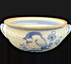 Salt Glaze Speckled Blue Bird Pottery Bowl Handled 6" Signed Handmade Turned - Picture 1 of 9