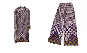 Vintage 70s Abstract Wide Leg Flare Pants Pointed Collar Button Shirt Set Disco - Picture 1 of 13