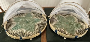 2 Woven Seagrass & Bamboo Round Food Trays Mesh Domes 16" & 18" Outdoors/Picnic - Imagen 1 de 15