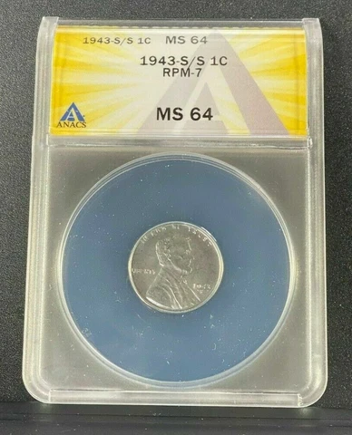 1943-S/S ANACS MS64 RPM-7  🔴 RARE Repunched Mintmark! ✅ Steel 1C ✅ Lincoln Cent Cover