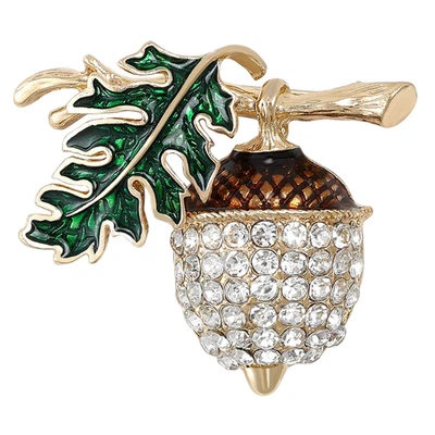 Sparkling Rhinestone Acorn Brooch Gold Autumn Nature Leaf Pin Fall Jewelry Gift - Image 1 of 4