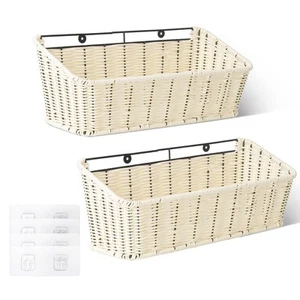 Wicker Hanging Basket, 2 Pack Storage Baskets for Organizing, Adhesive Wall M... - Picture 1 of 8