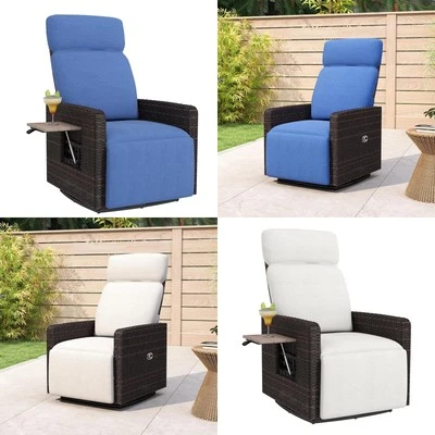 KINBOR Outdoor Recliner Chair High Back Patio 360° Swivel Chair with Flip Side Table