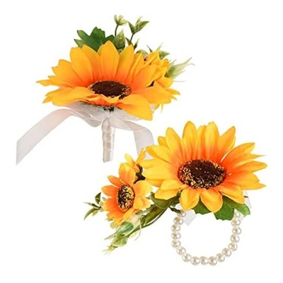 Artificial Sunflower Boutonniere, Bride and Groom Sunflower Wrist Corsage Set  - Image 1 of 4
