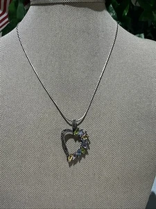 Vintage Sterling Silver Heart Marcasite  multi gemstones pendant w/ 16" Necklace - Picture 1 of 7