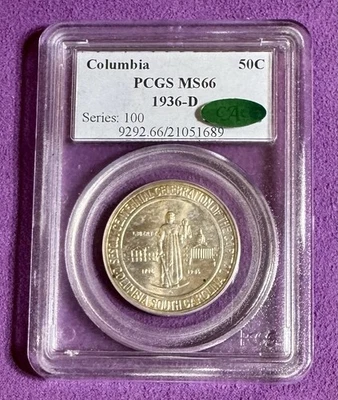 1936-D Columbia Commemorative Silver Half Dollar 50C PCGS MS-66 CAC RARE 🎄🎄 - Image 1 of 2