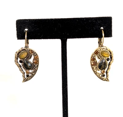 Antiqued Gold Tone Leaf Earrings Brown Rhinestone Cabochon Leverback Boho - Image 1 of 4