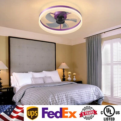 20" Modern Flush Mount Ceiling Fan Light Kit with Remote Purple LED Lamp Fixture - Image 1 of 4