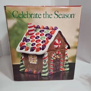 GINGERBREAD HOUSE COOKIE JAR CERAMIC 9"x9"x7" In Box - Picture 1 of 10