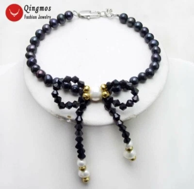 Brazalete de perlas negras naturales de 5-6 mm para mujer con moño colgante perla 7,5"" Foto 1 de 4