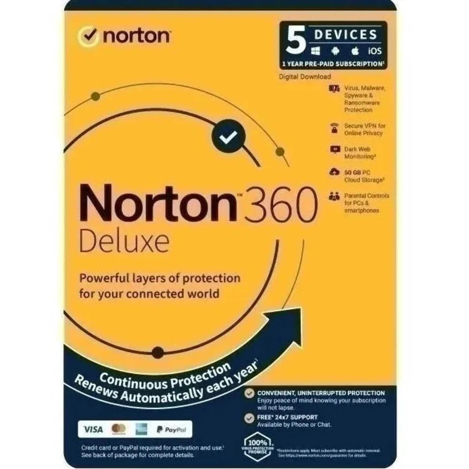 NEW Norton 360 Deluxe Protection 1 User 5 Devices 1 Year Subscription - Image 1 of 1