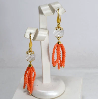 ORECCHINI IN ARGENTO 925 DORATO CON CRISTALLO DI ROCCA E CORALLO ROSA  AGHT 0969 - Immagine 1 di 4