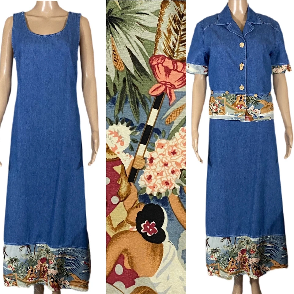 Vintage Tomato Girl  Denim Maxi Dress & Jacket Set Hawaiian Scene Sz M - Image 1 of 4