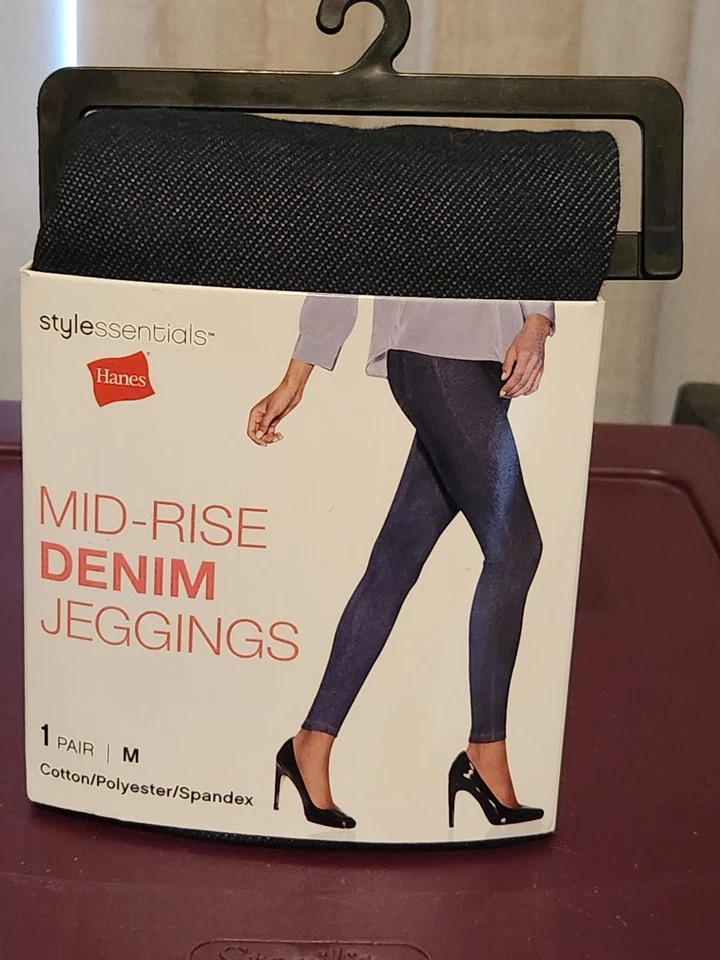 Hanes Women's Mid-Rise Denim Jeggings Leggings Dark Blue Indigo Size Medium