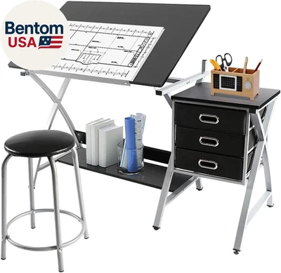 Drafting Desk, Drawing Table for Artists/Adults, Art Desk W/Stool and 3 Slide Dr - Image 1 of 4