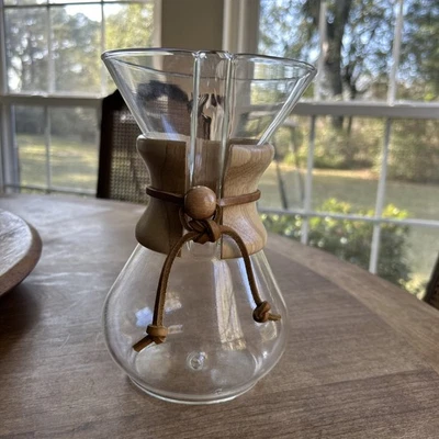 Vintage Chemex Pour Over Coffee Maker 8.5 Inch Leather Strap Wood Collar Drip - image 1 of 4