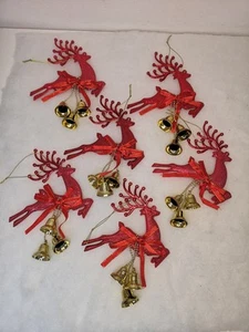 6 Reindeer Stag Christmas Tree Hanging Decorations Ornaments Red Bows Gold Bells - Picture 1 of 11