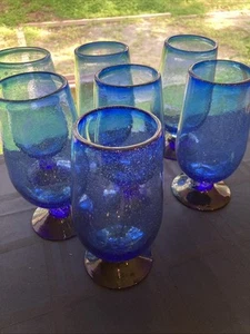 7 bicchieri da tè o birra ghiacciati blu soffiati a mano - Foto 1 di 6